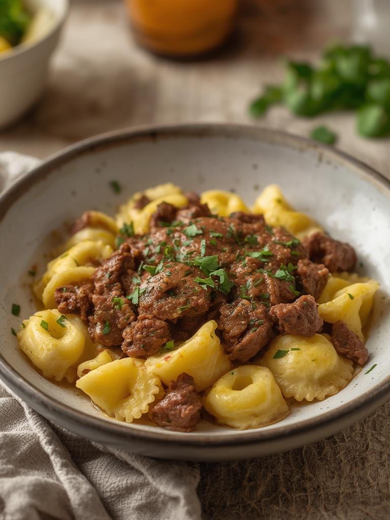 Garlic Steak Tortellini served