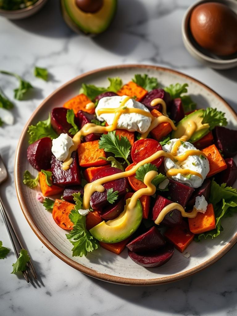 Roasted Beet, Sweet Potato & Avocado Salad with Whipped Ricotta & Lemon-Tahini Drizzle